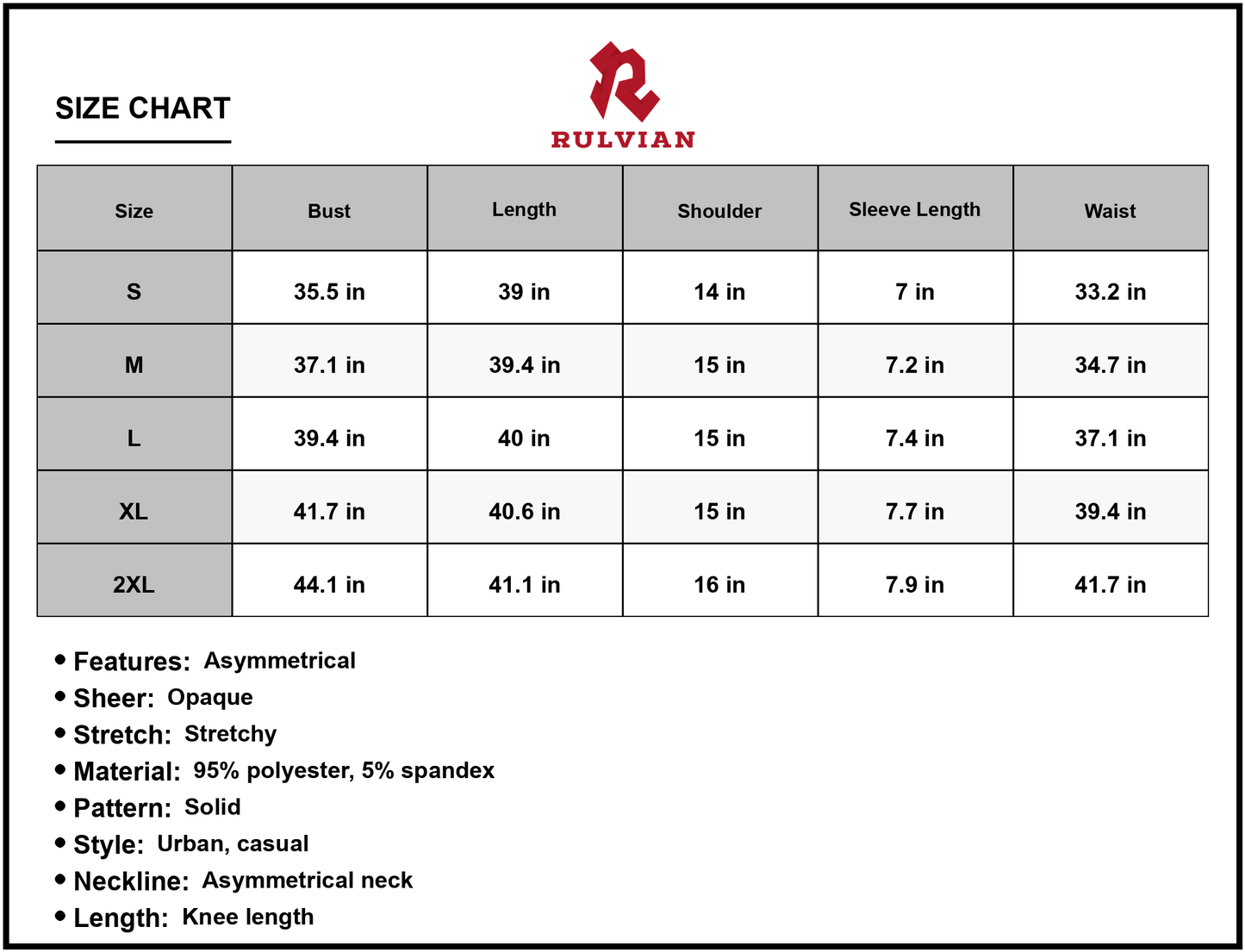 Size Chart - Women's Ribbed Knit Dress with Asymmetrical Neck Short Sleeves Knee Length Casual Urban Wear 95% Polyester 5% Spandex