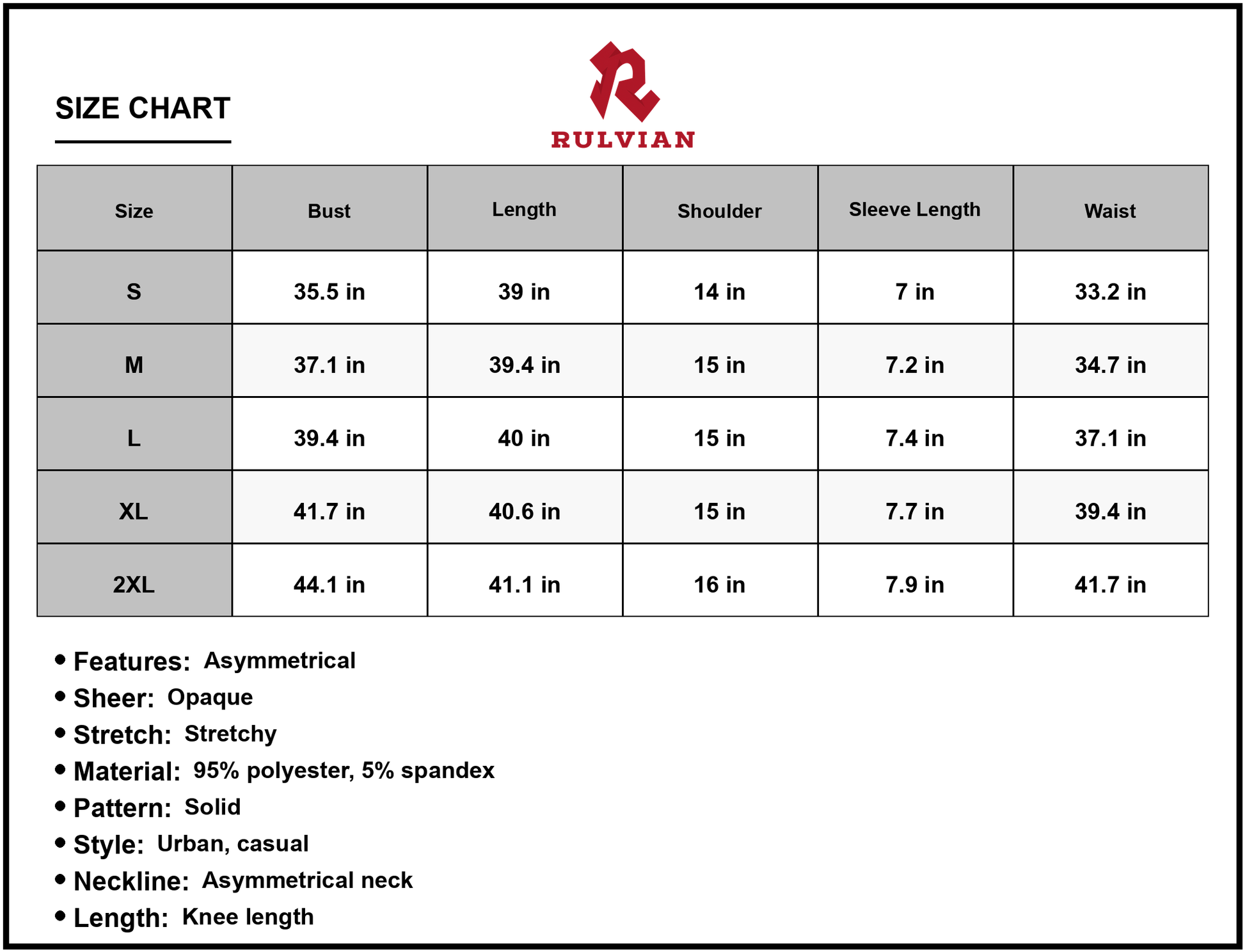 Size Chart - Women's Ribbed Knit Dress with Asymmetrical Neck Short Sleeves Knee Length Casual Urban Wear 95% Polyester 5% Spandex