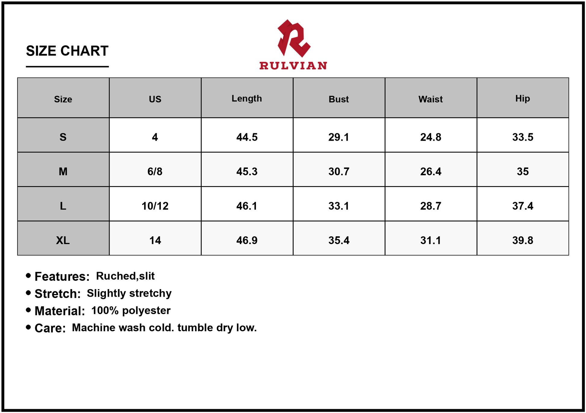 Size Chart - Women's Slit Bodice Midi Cami Dress with Ruched Detailing and Stretch in 100% Polyester Fabric for Day to Night Wear