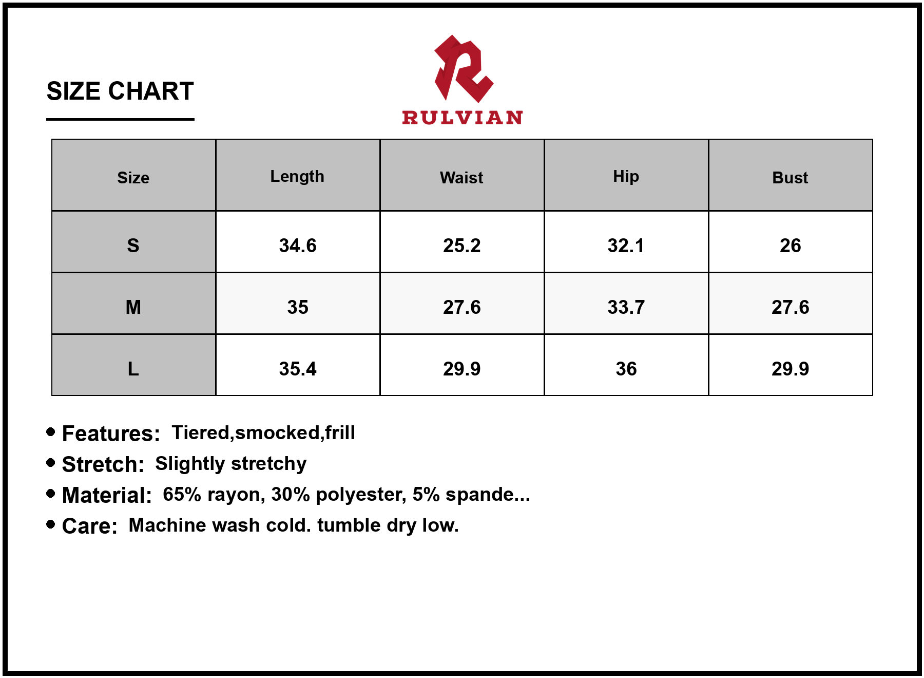 Size Chart - Women's Ruffled Hem Smocked Cami Dress With Tiered Frill Details 65% Rayon 30% Polyester 5% Spandex Machine Wash Cold