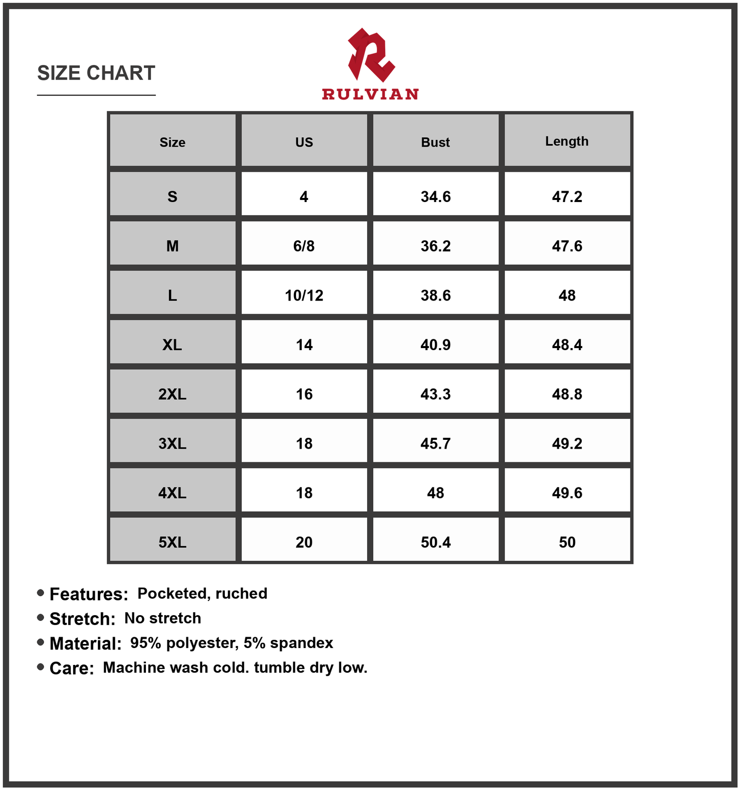 Size Chart - Women's V Neck Pocketed Midi Dress with Ruched Fit and Size Range ninety five percent polyester and five percent spandex