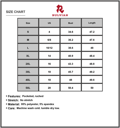 Size Chart - Women's V Neck Pocketed Midi Dress with Ruched Fit and Size Range ninety five percent polyester and five percent spandex
