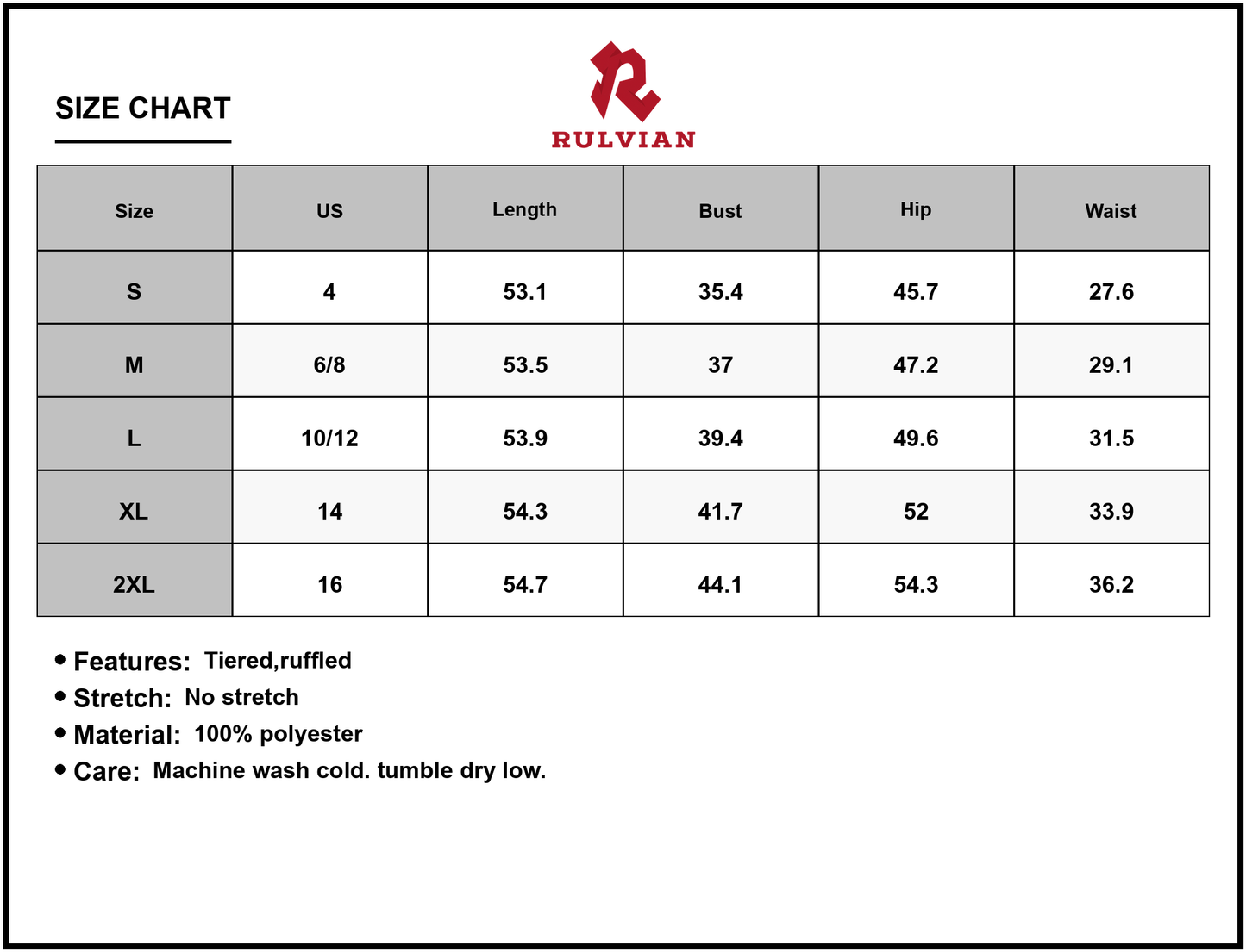 Size Chart - Women's Floral Print Square Neck Maxi Dress with Tiered Ruffles 100% Polyester Fabric Lightweight for Day to Night