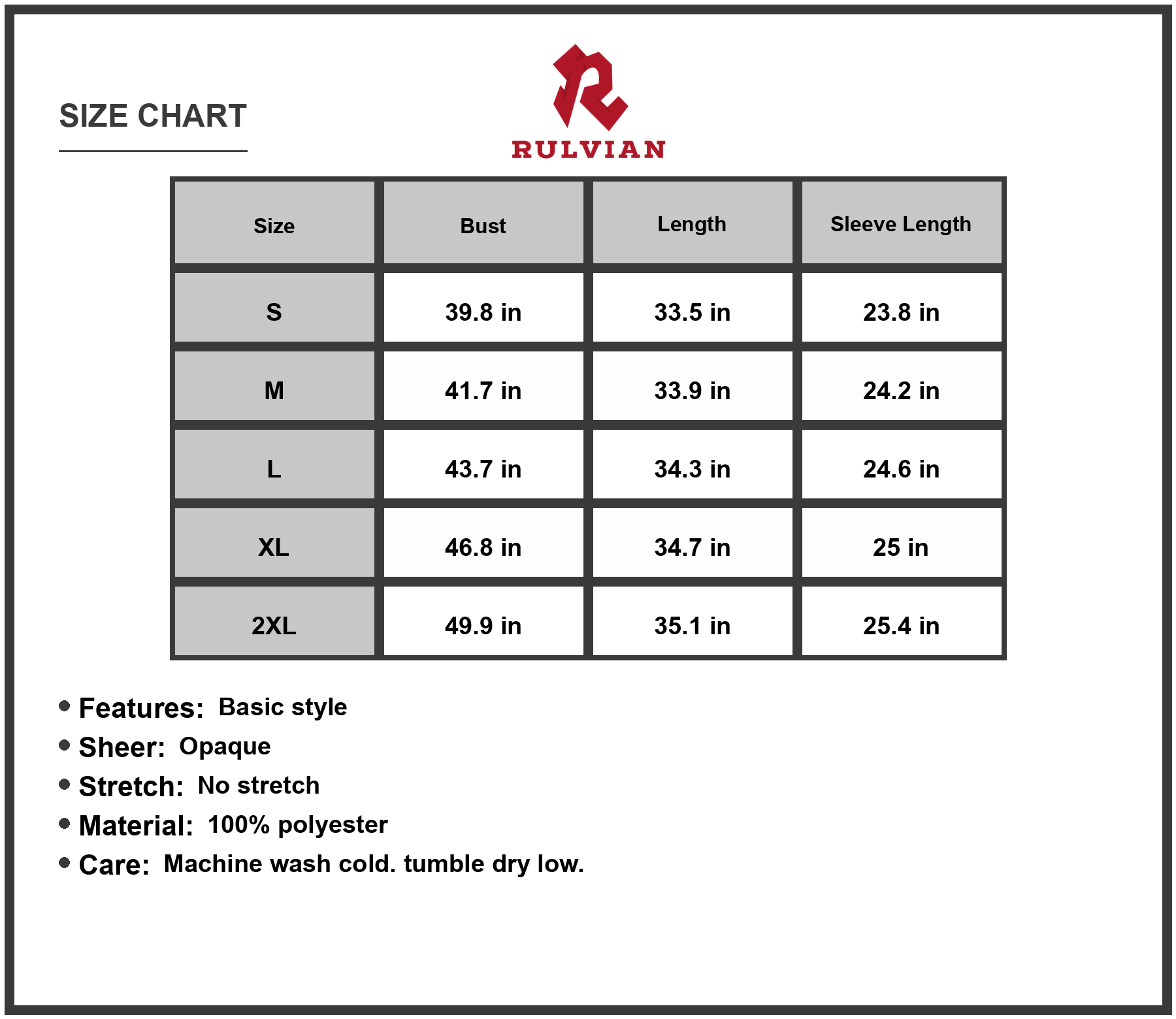 Size Chart - Women's Button Up Collared Long Sleeve Shirt Dress in 100% Polyester Fabric with Classic Tailored Look for Everyday Wear