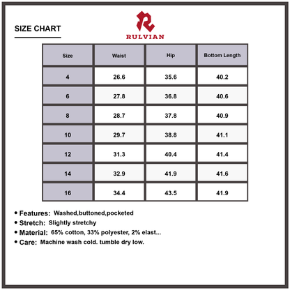 Size Chart - Women's High-Waisted Flare Jeans Washed Buttoned Pocketed Seam Detail Slightly Stretchy Premium Durable Versatile Everyday Casual Denim