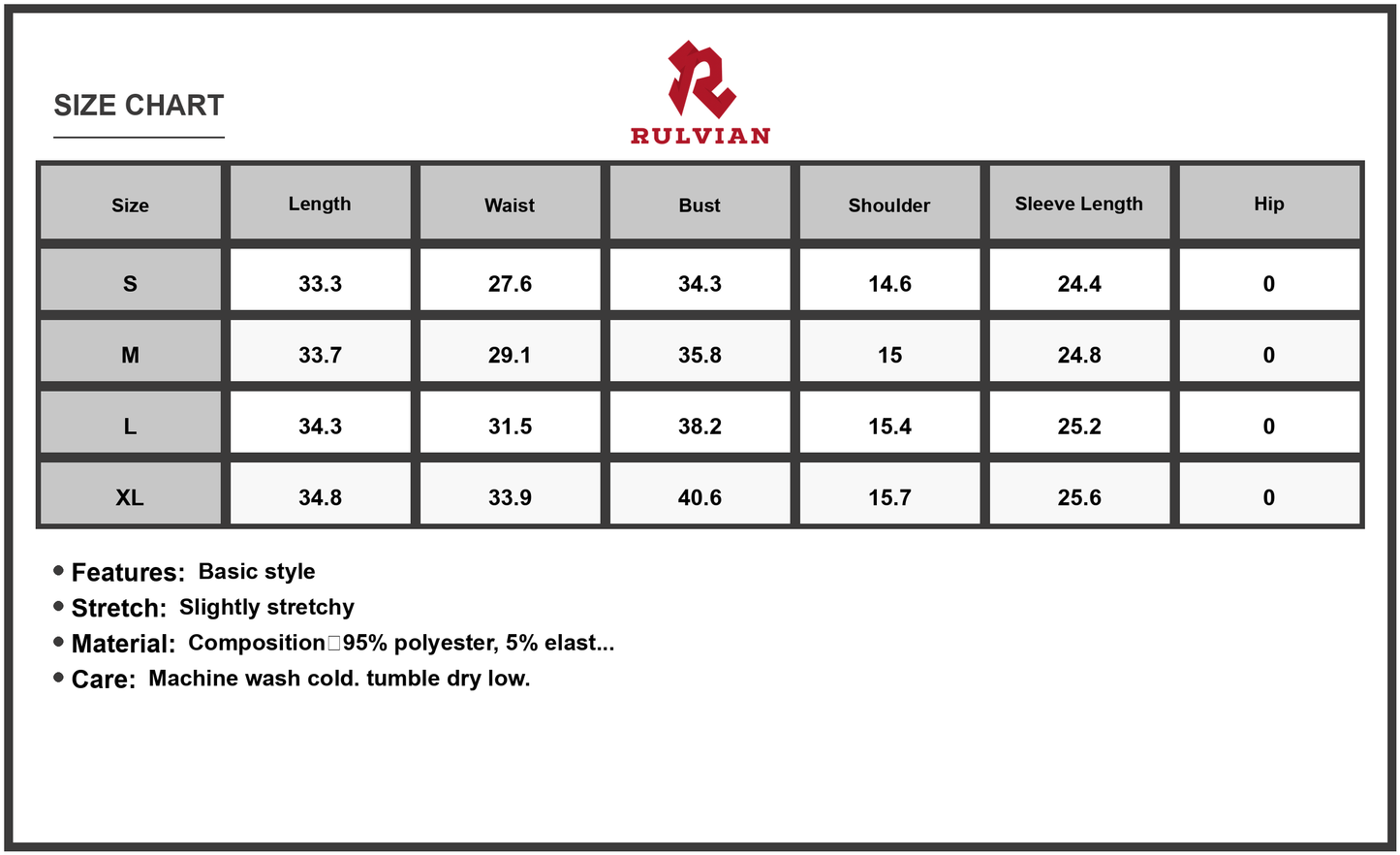 Size Chart - Women's Square Neck Long Sleeve Mini Dress with Stretch Outer 95% polyester 5% elastane Lining 95% polyester 5% elastane