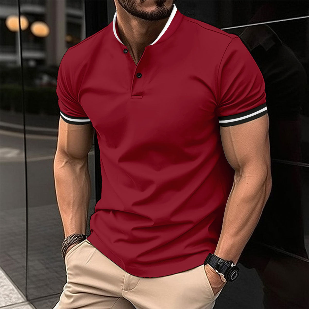 Men's Short Sleeve Button Pocket Sports Shirt Khaki Red Black White Slim Fit 65% Polyester