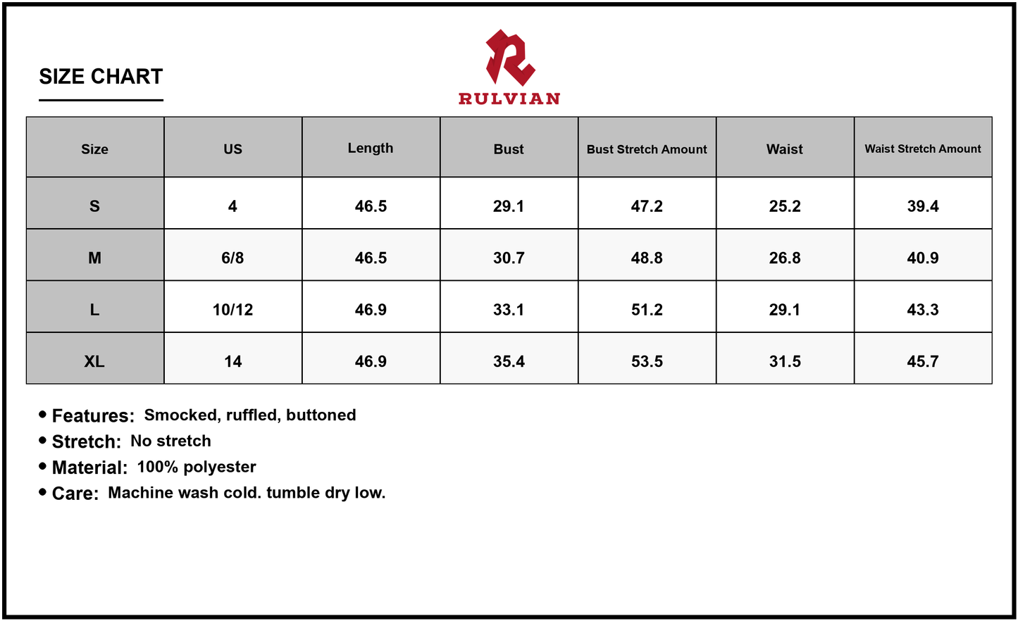 Size Chart - Women's Ruffled Round Neck Cap Sleeve Dress with Smocked Details in Polyester % Fabric for Flowy Daywear Everyday
