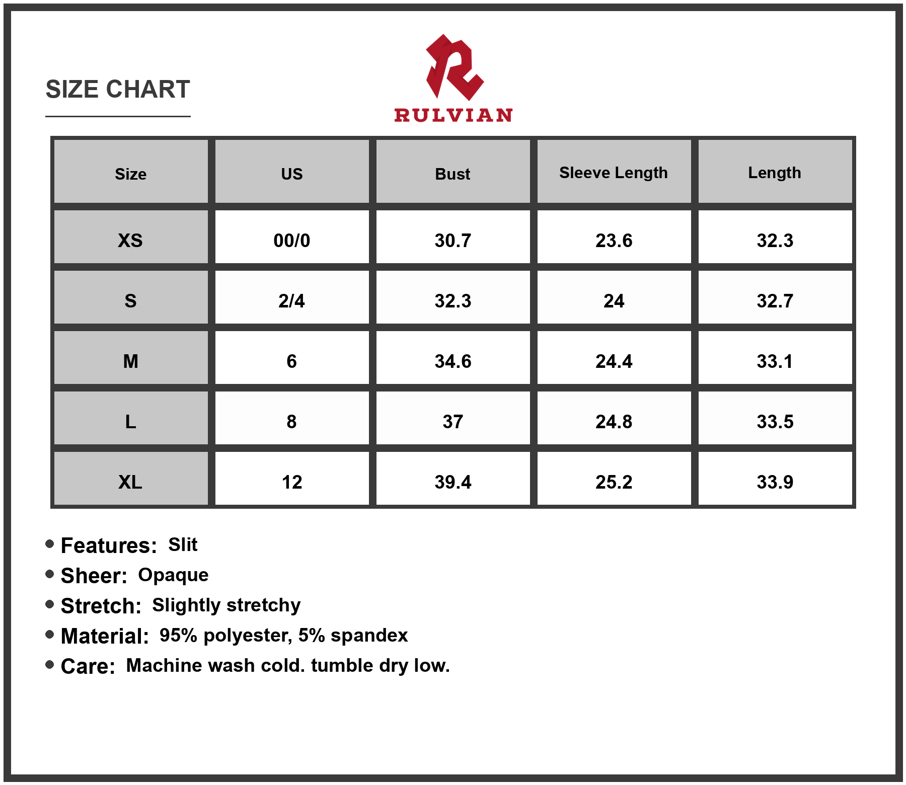 Size Chart - Women's Side Drawstring Round Neck Long Sleeve Dress Slit Sheer Opaque Stretch Not Lined 95% Polyester 5% Spandex