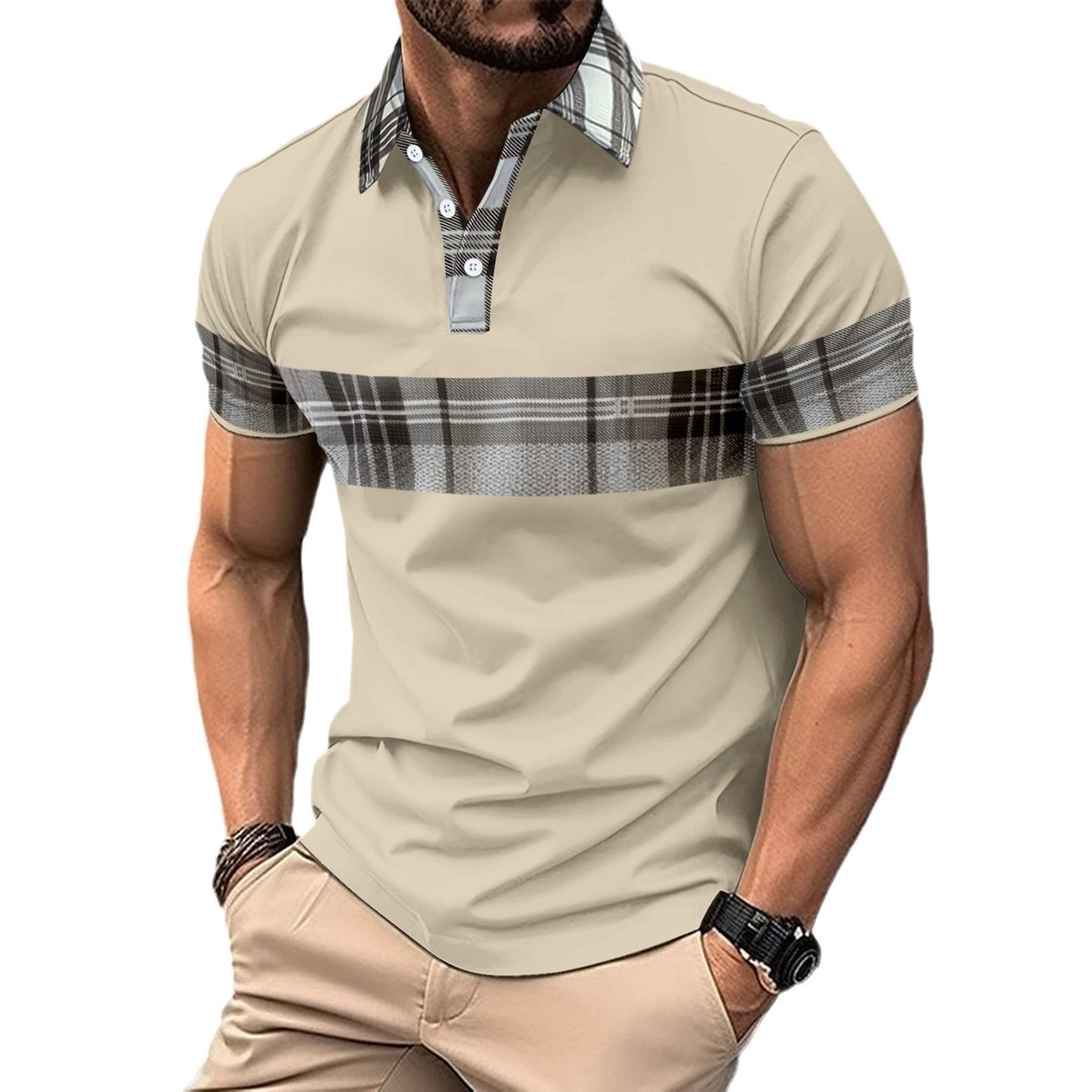 Men's Printed Lapel Polo Shirt In White Black Blue Khaki Colors 100% Polyester Fabric For Everyday Casual Wear
