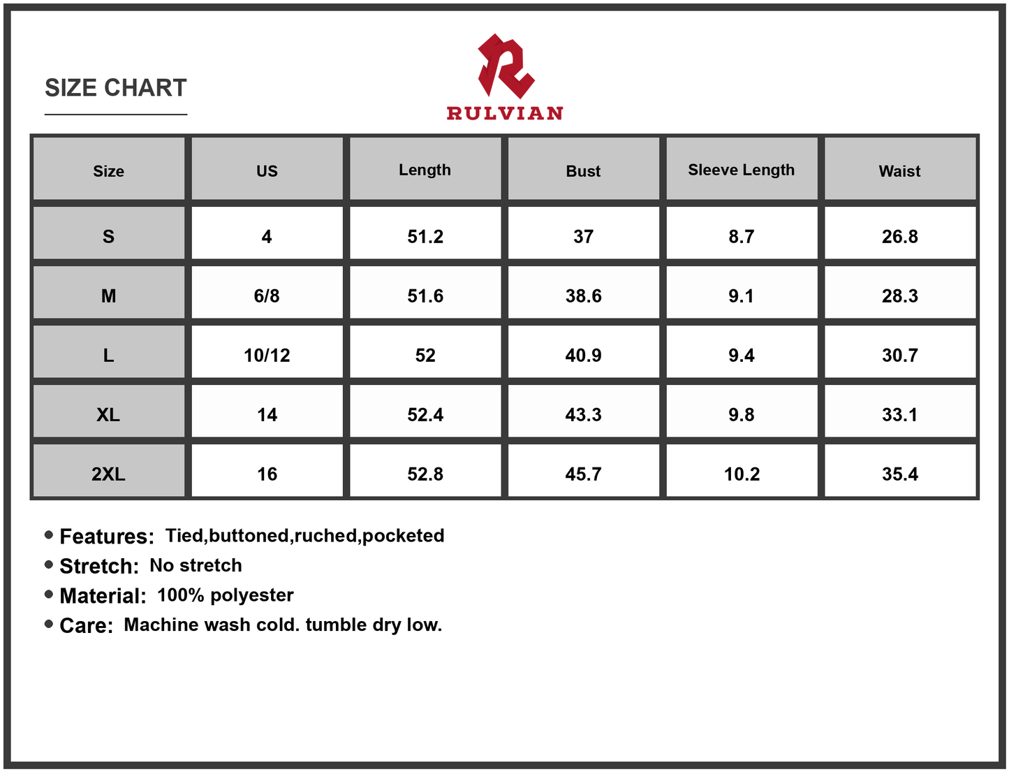 Size Chart - Women's Printed Puff Sleeve Maxi Dress Polyester % Fabric Lined Buttoned Ruched Pocketed Tied Elegant Everyday Wear