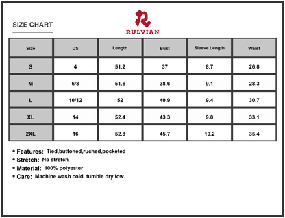 Size Chart - Women's Printed Puff Sleeve Maxi Dress Polyester % Fabric Lined Buttoned Ruched Pocketed Tied Elegant Everyday Wear