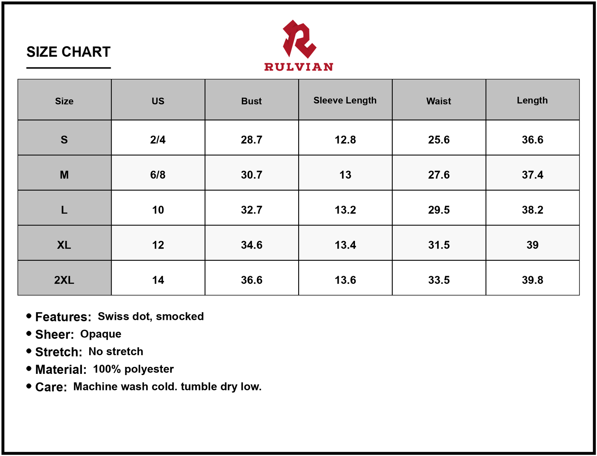 Size Chart - Women's Swiss Dot Smocked Square Neck Dress with 100% Polyester fabric for a lightweight chic silhouette daily wear