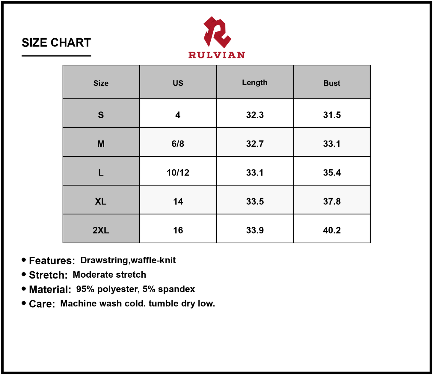 Size Chart - Women's Waffle Knit Square Neck Mini Tank Dress with Drawstring and Stretch Soft Jersey Wear 95% polyester 5% spandex