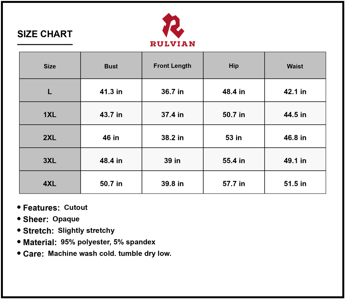 Size Chart - Womens Plus Size Cutout Round Neck Sleeveless Dress with Sheer Panel 95% Polyester and 5% Spandex Fabric Elegant Stretch