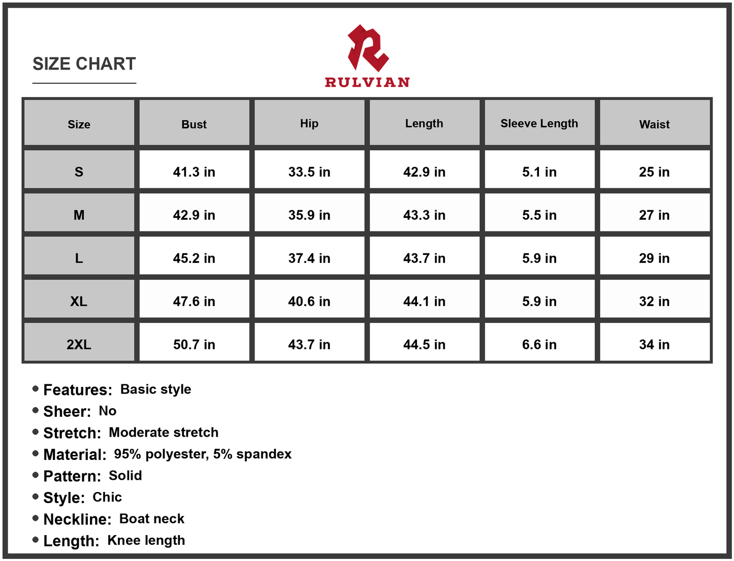 Size Chart - Men's Boat Neck Short Sleeve Knee Length Dress in Solid Chic Style 95% Polyester 5% Spandex for Everyday Wear