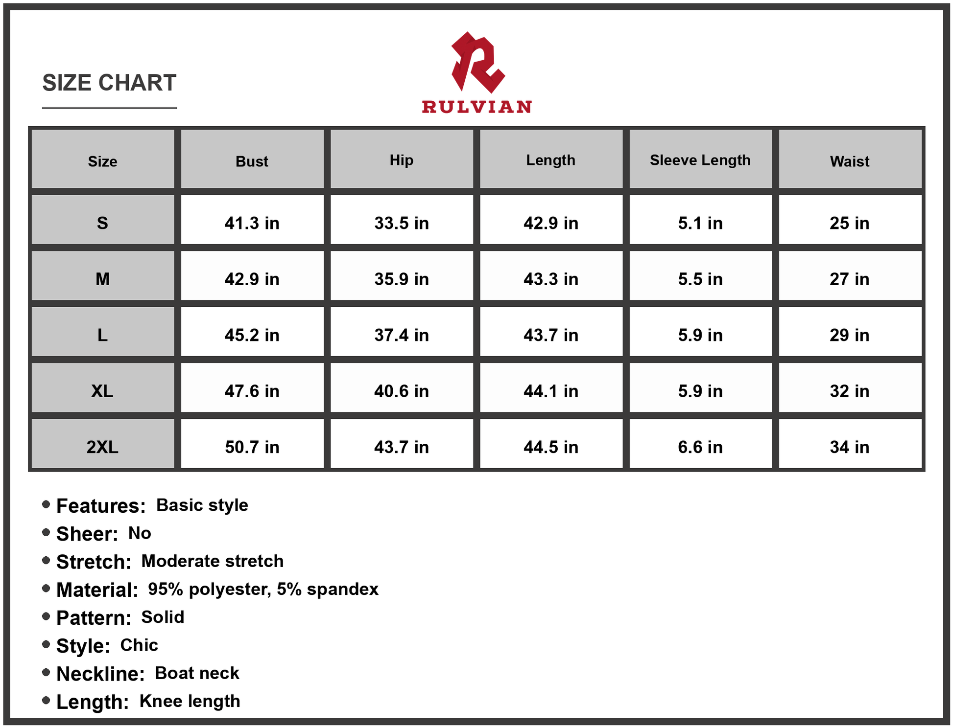 Size Chart - Men's Boat Neck Short Sleeve Knee Length Dress in Solid Chic Style 95% Polyester 5% Spandex for Everyday Wear