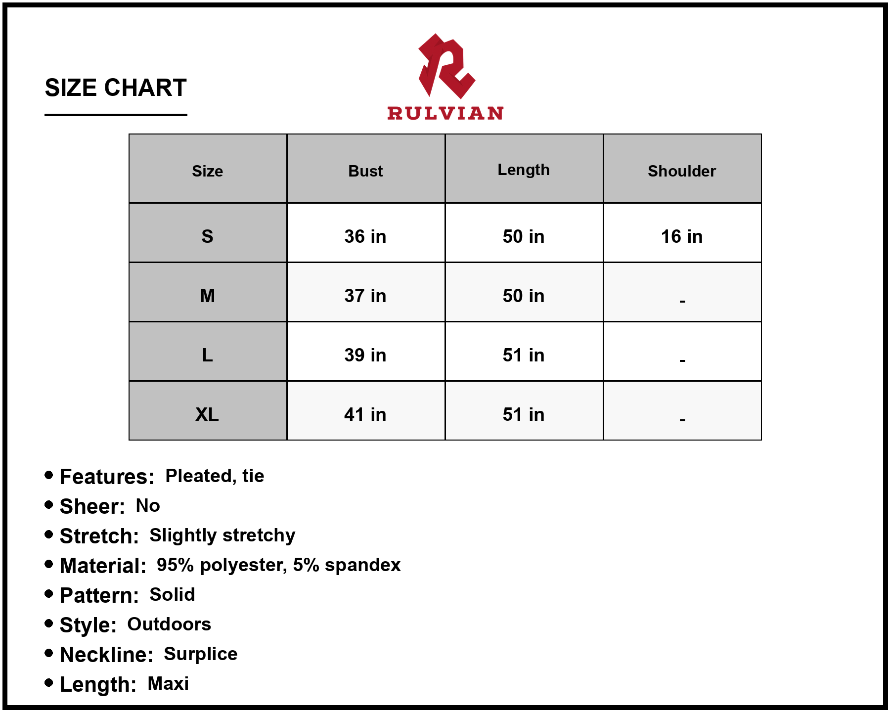 Size Chart - Women's Pleated Long Sleeve Surplice Maxi Dress Solid Elegant Flow with Comfortable Silhouette 95% polyester 5% spandex