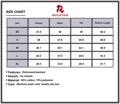 Size Chart - Women's High Waisted Distressed Jeans Washed Denim Casual Everyday Fashion Trendy Pants for Modern Ladies Durable Premium Quality