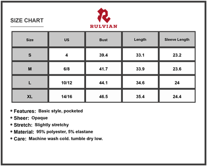 Size Chart - Women's Notched Long Sleeve Mini Dress with Pockets Stylish Everyday Versatile Stretch Fabric for Day and Night Wear
