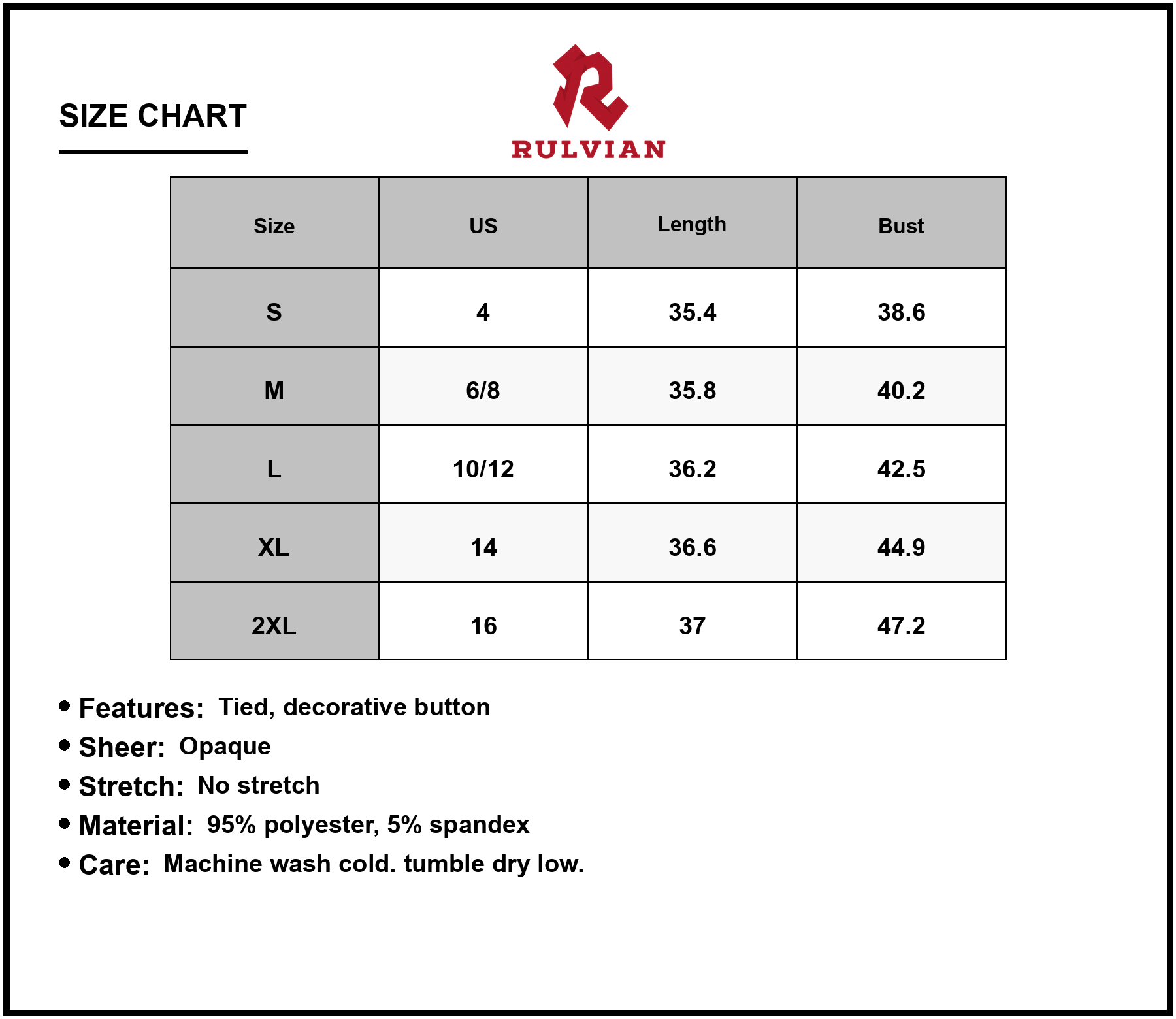 Size Chart - Women's Printed Tie Neck Short Sleeve Dress 95% Polyester 5% Spandex Comfortable Fit For Daywear Everyday Wear