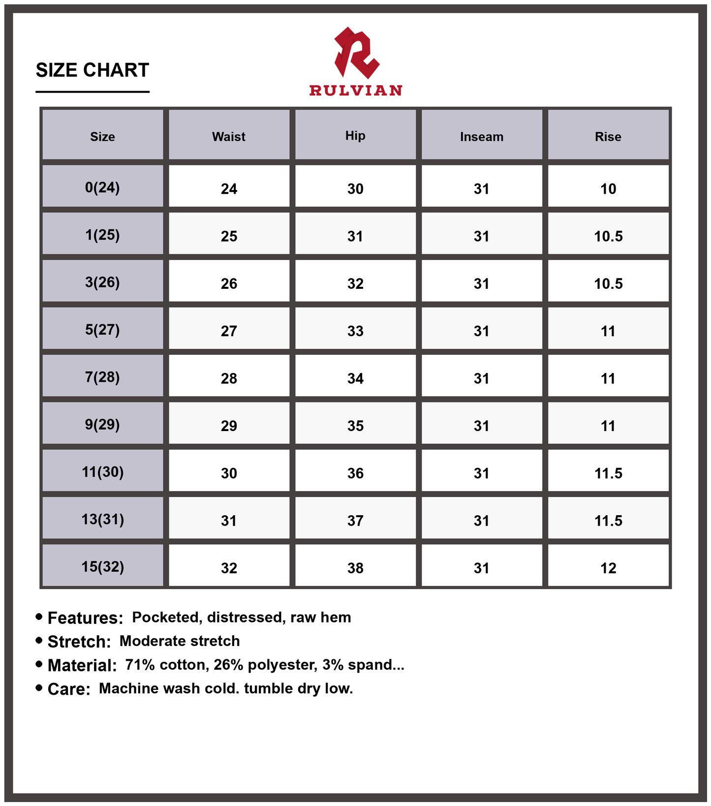 Size Chart - Women's Distressed Raw Hem Cropped Jeans Pocketed Moderate Stretch Premium Versatile Casual Everyday Fashionable Denim Pants