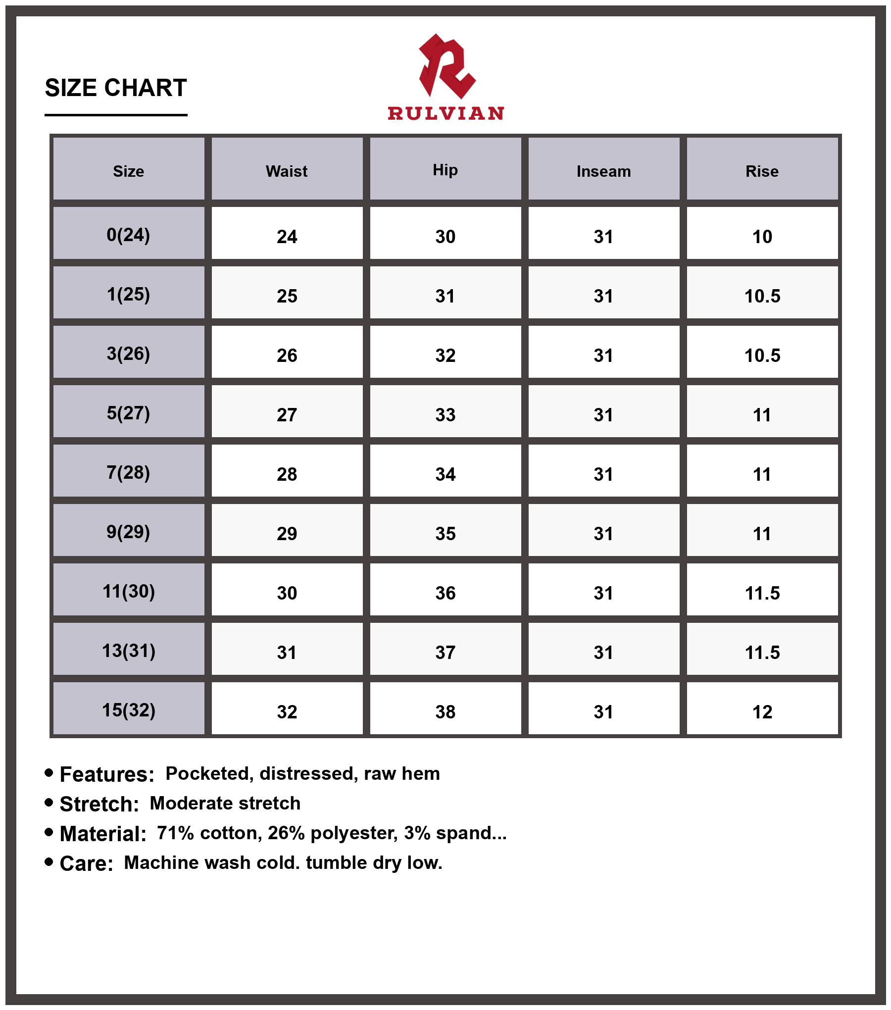 Size Chart - Women's Distressed Raw Hem Cropped Jeans Pocketed Moderate Stretch Premium Versatile Casual Everyday Fashionable Denim Pants