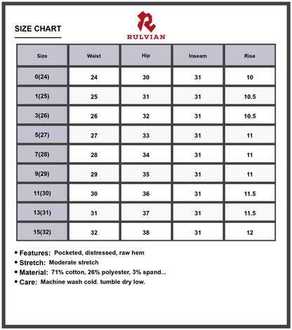 Size Chart - Women's Distressed Raw Hem Cropped Jeans Pocketed Moderate Stretch Premium Versatile Casual Everyday Fashionable Denim Pants