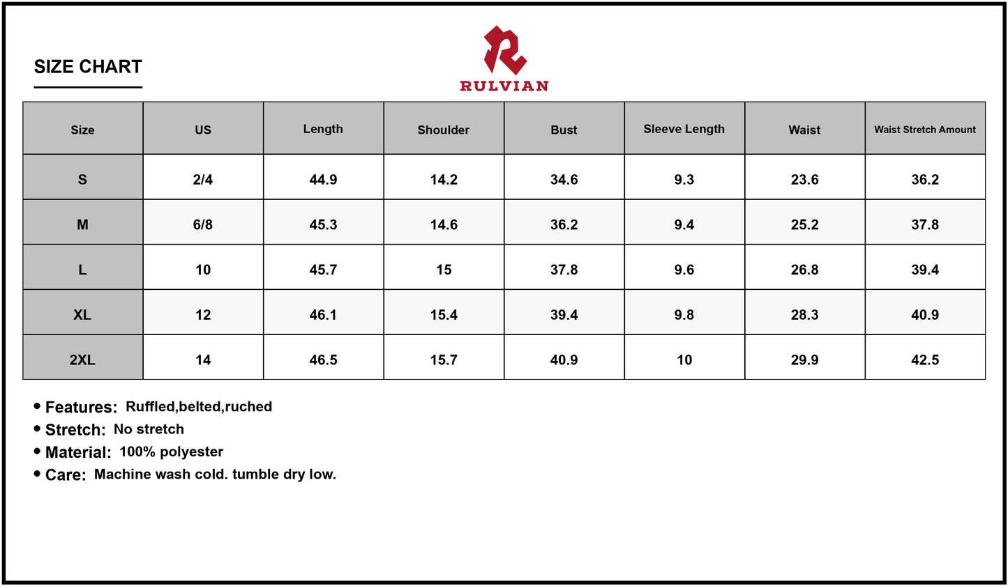 Size Chart - Women's Printed Pleated Midi Wrap Dress with Belt 100% Polyester fabric for a graceful everyday look for all seasons
