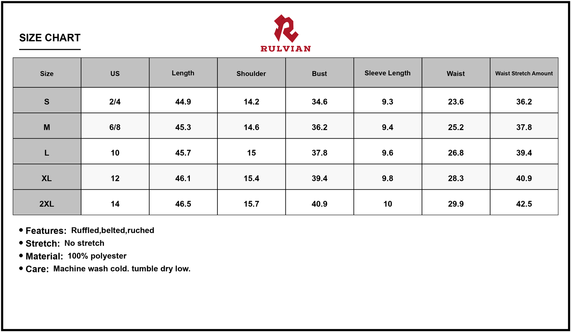 Size Chart - Women's Printed Pleated Midi Wrap Dress with Belt 100% Polyester fabric for a graceful everyday look for all seasons