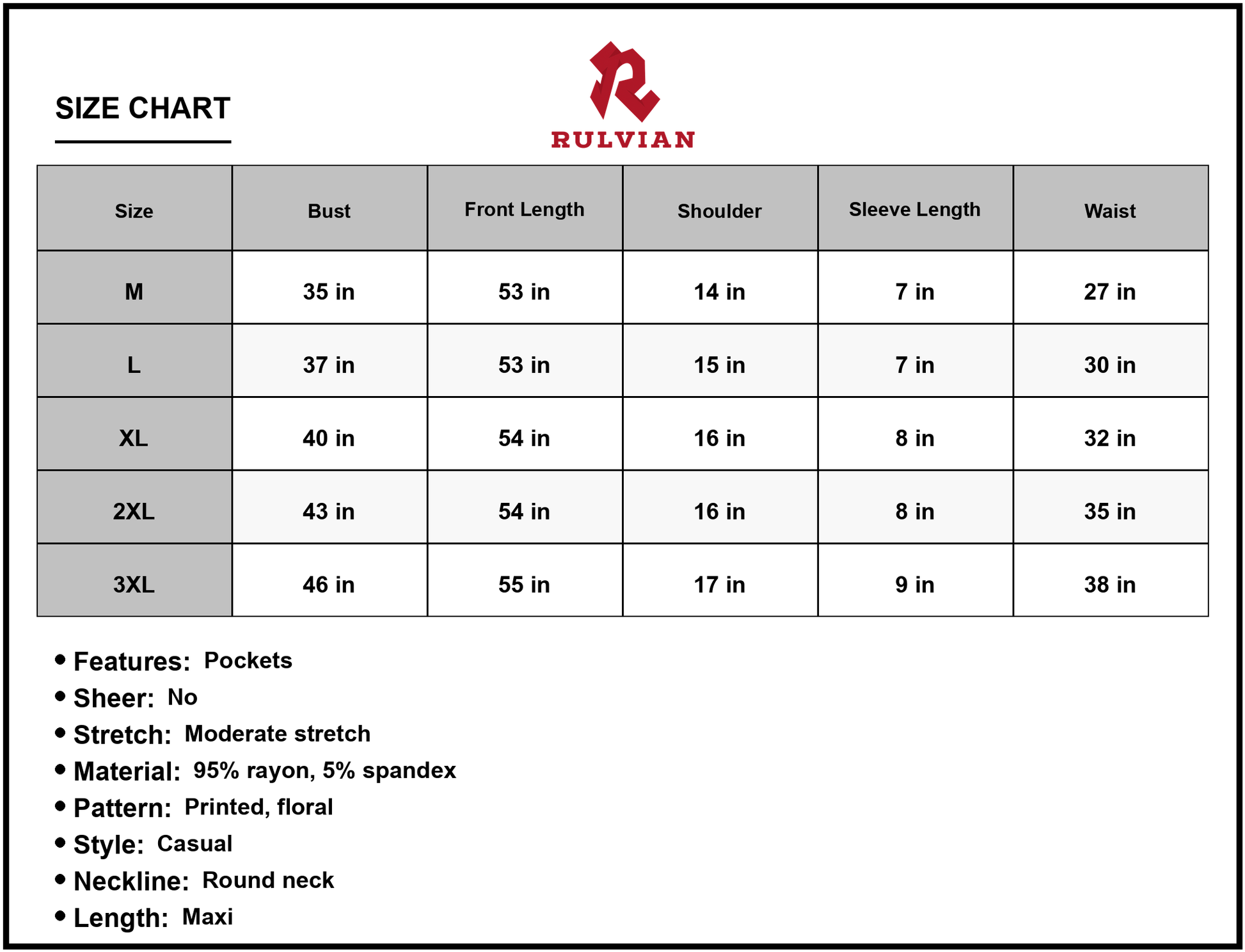 Size Chart - Women's Floral Printed Round Neck Short Sleeve Dress with Pockets For Everyday Wear Comfortable Fit 95% rayon 5% spandex