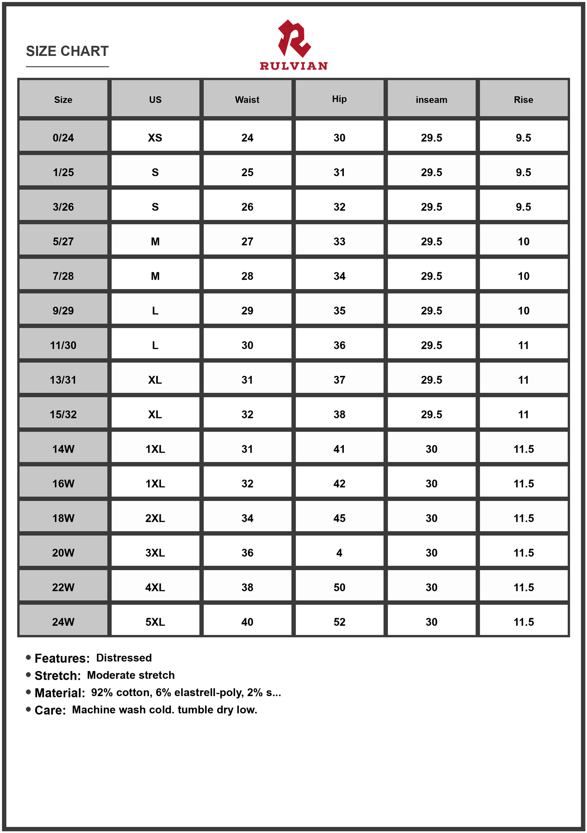 Size Chart - Womens Mid Rise Skinny Jeans with Distressed Detail and Cuffed Hem Stretch Denim for Everyday Wear Versatile Style