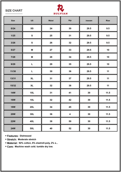 Size Chart - Womens Mid Rise Skinny Jeans with Distressed Detail and Cuffed Hem Stretch Denim for Everyday Wear Versatile Style