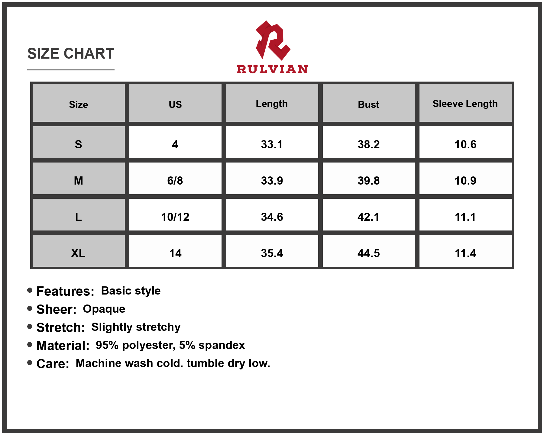Size Chart - Women's Asymmetrical Neck Short Sleeve Mini Dress with Sheer Body and Stretch 95% polyester 5% spandex classic fit