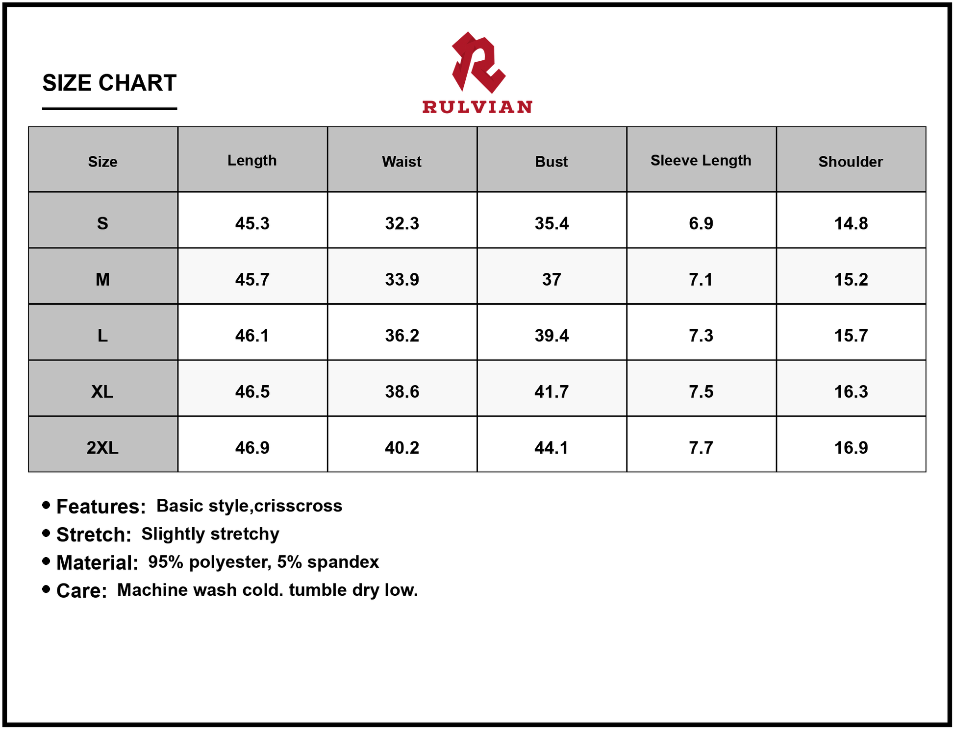 Size Chart - Women's V Neck Short Sleeve Midi Dress with Crisscross Stretch Silhouette 95% polyester 5% spandex versatile style