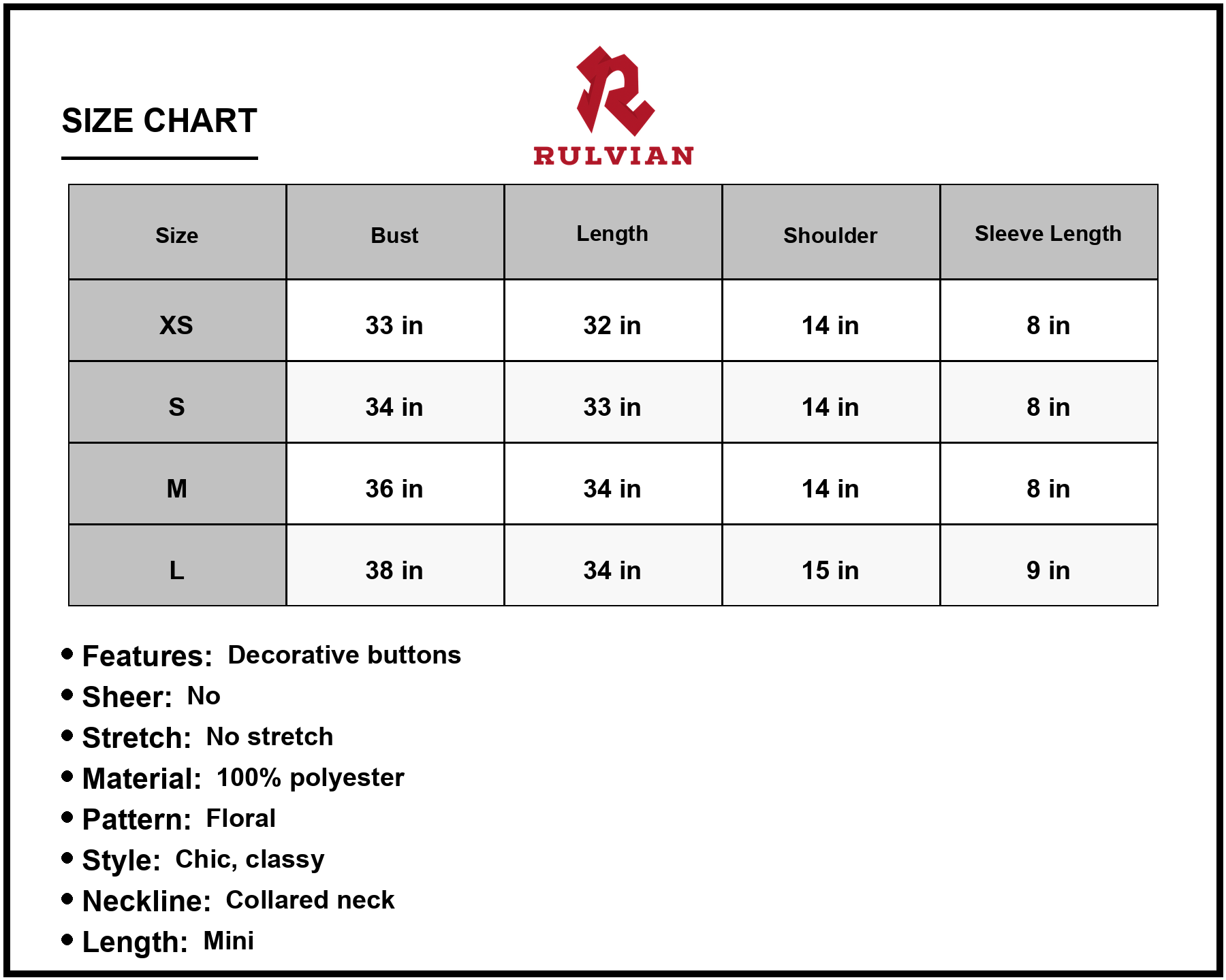 Size Chart - Women's Shiny Floral Buttoned Cutout Puff Sleeve Mini Dress 100% Polyester Chic Casual Party Wear Elegant In Style