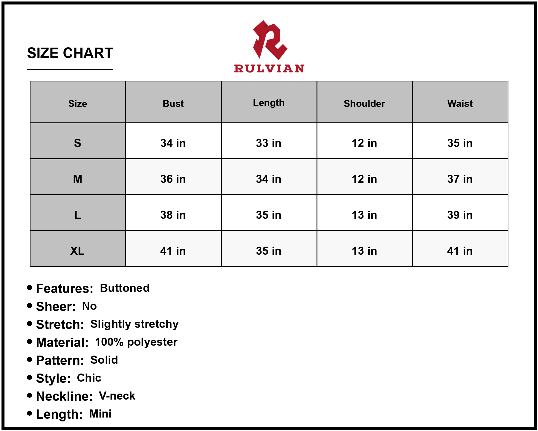 Size Chart - Women's sleeveless tiered V neck dress with button front solid pattern 100% Polyester fabric mini length easy care