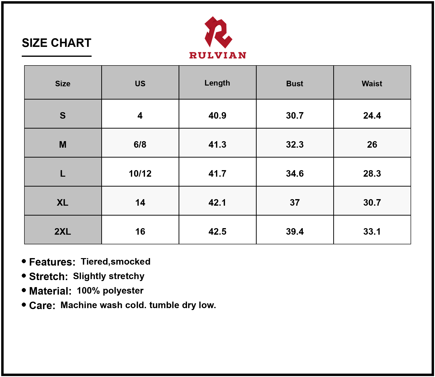 Size Chart - Women's Printed V Neck Cami Dress Tiered Smocked Stretch Not Lined Lightweight Silhouette 100% Polyester Fabric