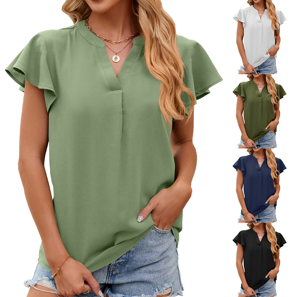 Women's V Neck Ruffled Sleeve Solid Color Short Sleeve Chiffon Loose Top 100% Polyester Chiffon Comfortable