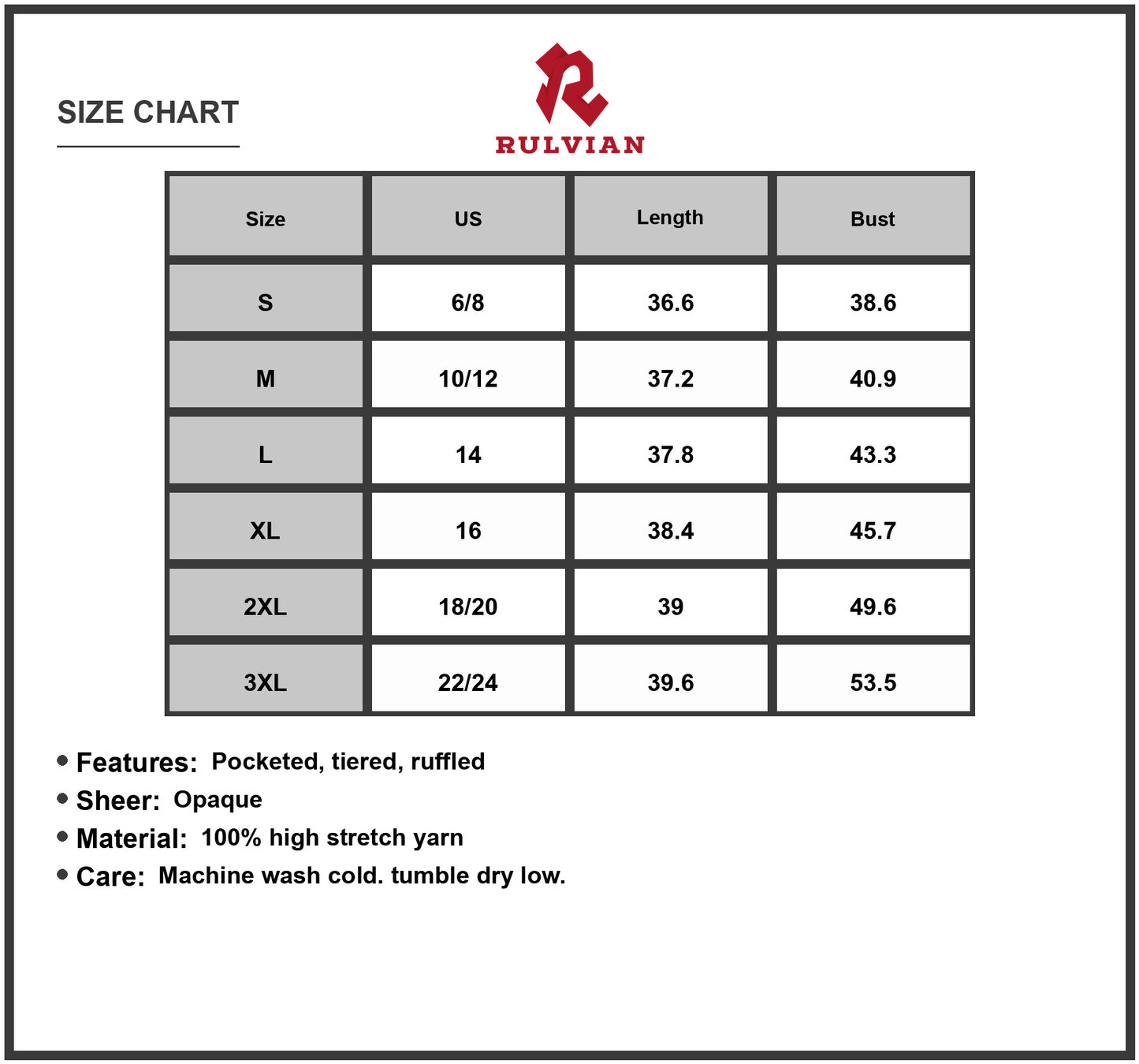Size Chart - Women's V Neck Balloon Sleeve Tiered Dress with Pockets 100% High Stretch Yarn Fabric for Everyday Comfort Essentials