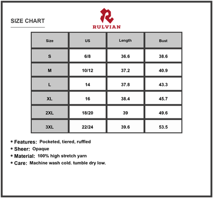 Size Chart - Women's V Neck Balloon Sleeve Tiered Dress with Pockets 100% High Stretch Yarn Fabric for Everyday Comfort Essentials