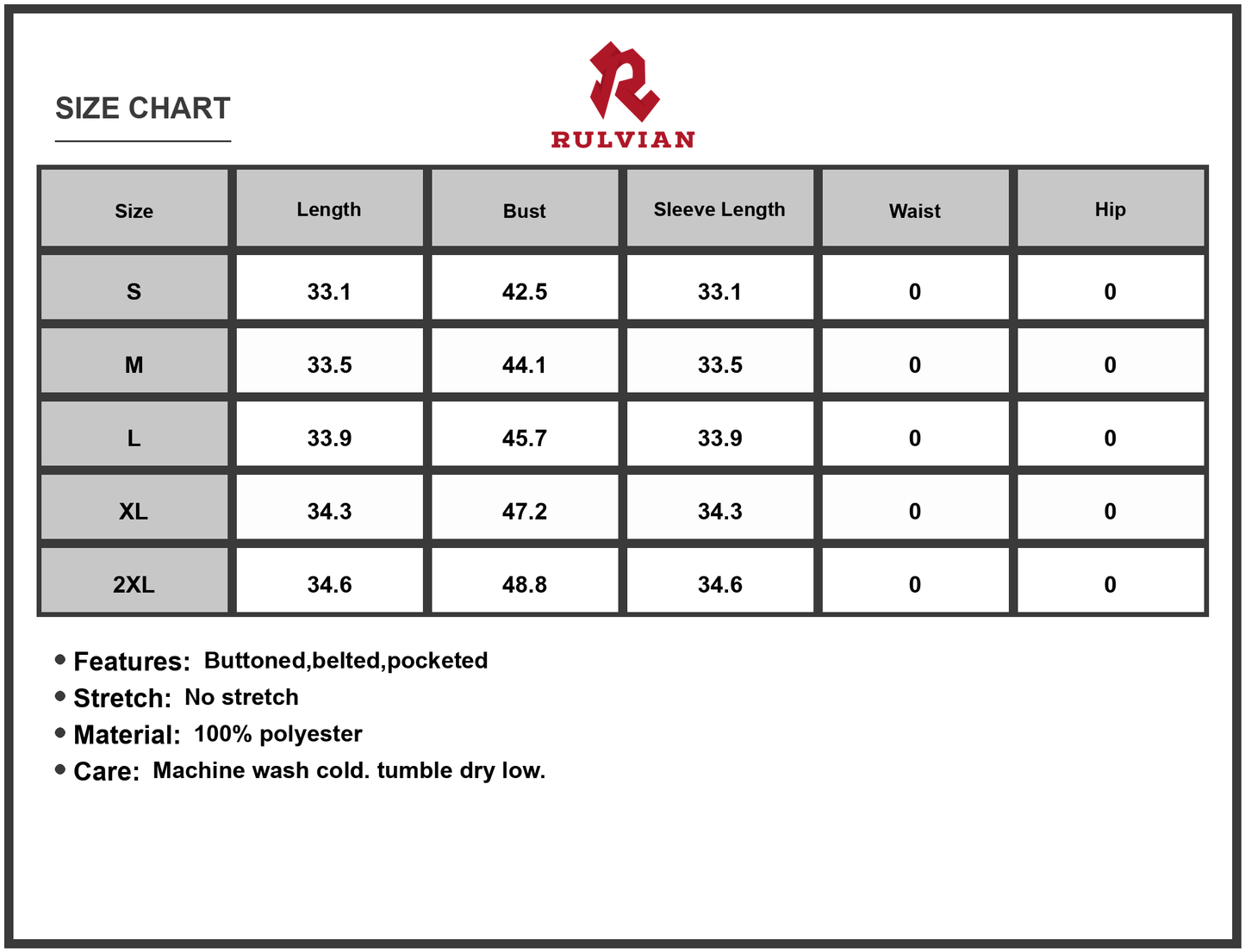 Size Chart - Women's Printed Tie Waist Half Sleeve Shirt Dress 100% Polyester Buttoned Belted Pockets Easy Care Imported Machine Wash