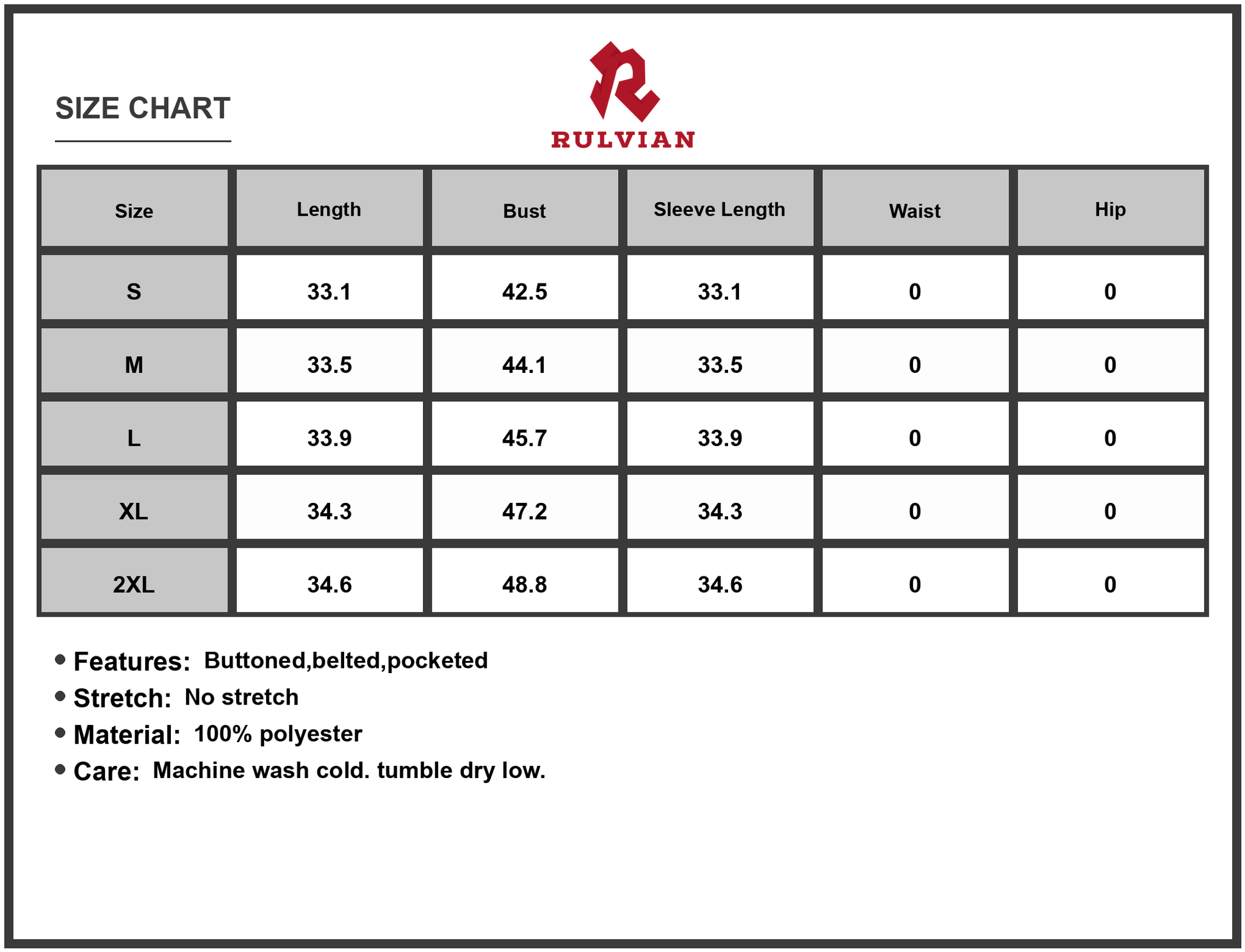 Size Chart - Women's Printed Tie Waist Half Sleeve Shirt Dress 100% Polyester Buttoned Belted Pockets Easy Care Imported Machine Wash