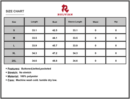 Size Chart - Women's Printed Tie Waist Half Sleeve Shirt Dress 100% Polyester Buttoned Belted Pockets Easy Care Imported Machine Wash