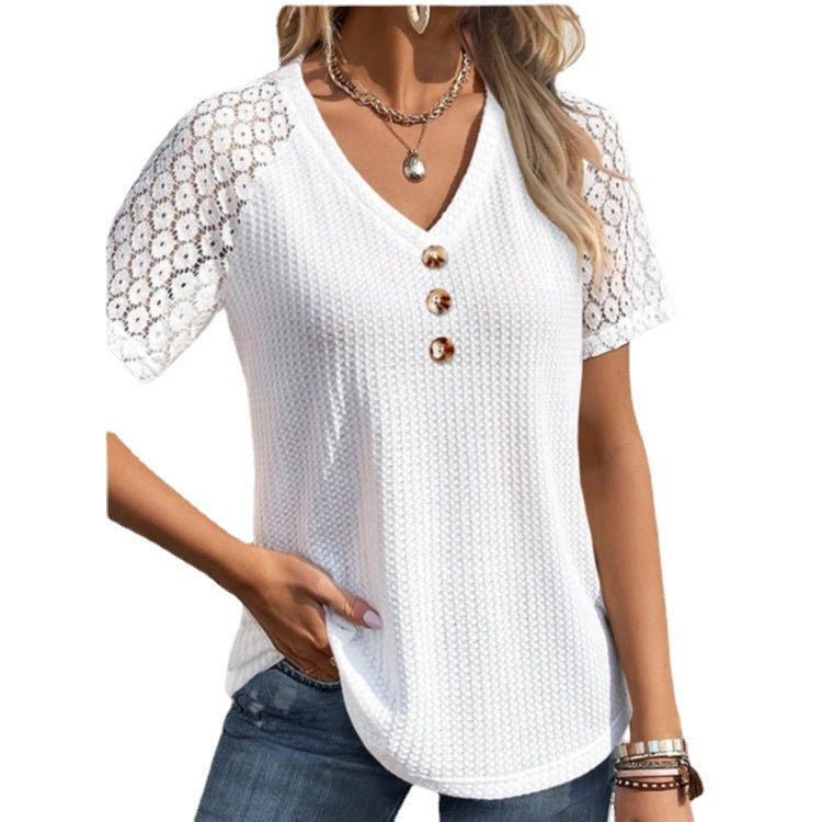 Women's White 100% Polyester Solid Color Ruffled Short Sleeve V Neck Casual T Shirt for Everyday Wear