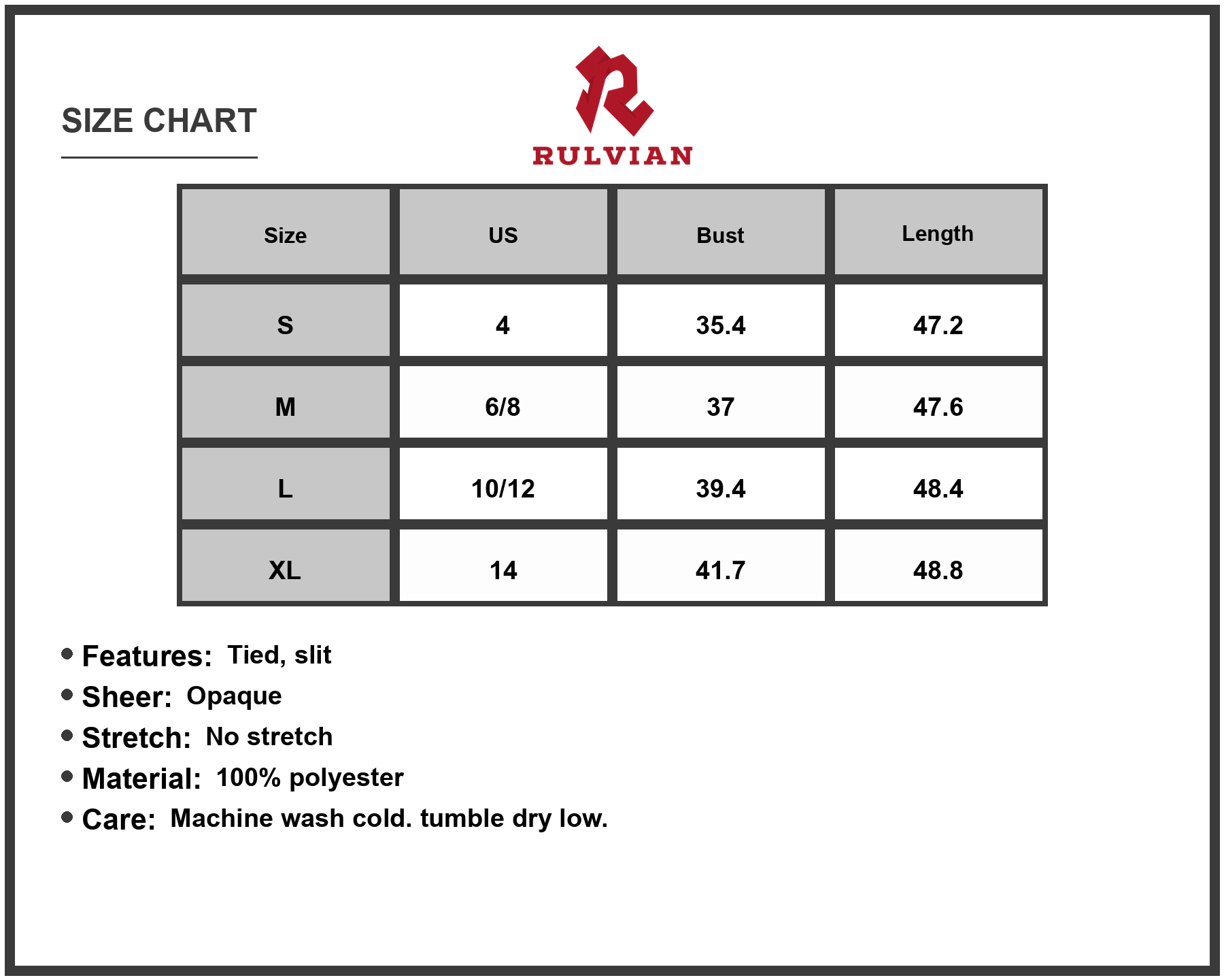 Size Chart - Women's Tied Slit Printed Half Sleeve Midi Dress with Sheer Look and Lightweight Polyester % Fabric for Everyday Wear