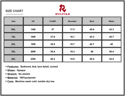 Size Chart - Women's Plus Size Lace Detail Printed Tie Neck Half Sleeve Dress 100% Polyester Fabric Buttoned Front Ruched Sheer