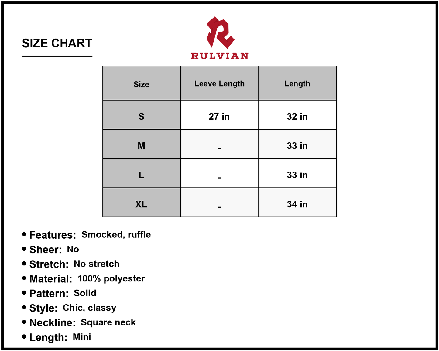 Size Chart - Women's Smocked Flounce Sleeve Square Neck Mini Dress Casual Chic Everyday Wear 100% Polyester Lightweight Soft