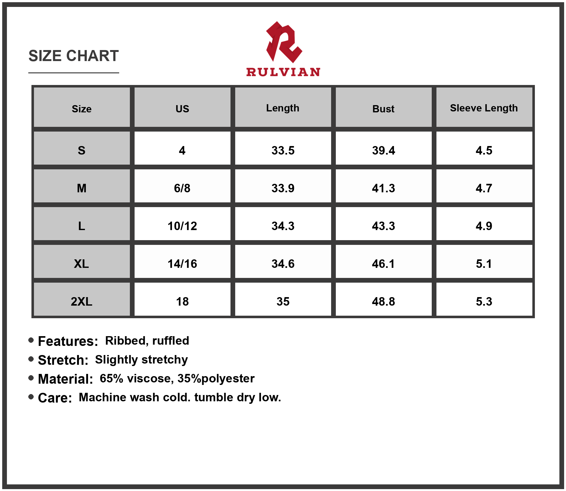 Size Chart - Women's Ruffled V Neck Cap Sleeve Mini Dress with Ribbed Texture and Stretch 65% Viscose 35% Polyester Imported