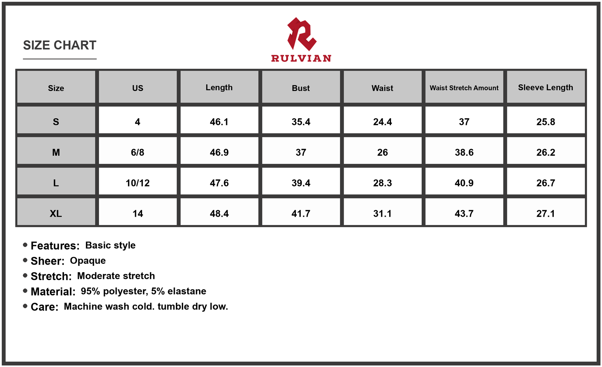 Size Chart - Women's Sweetheart Neck Long Sleeve Midi Dress 95% Polyester 5% Elastane Opaque Body Moderate Stretch Elegant Silhouette